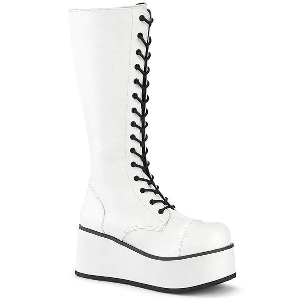 Demonia Trashville-502 White Vegan Leather Stiefel Herren D015-243 Gothic Kniehohe Stiefel Weiß Deutschland SALE